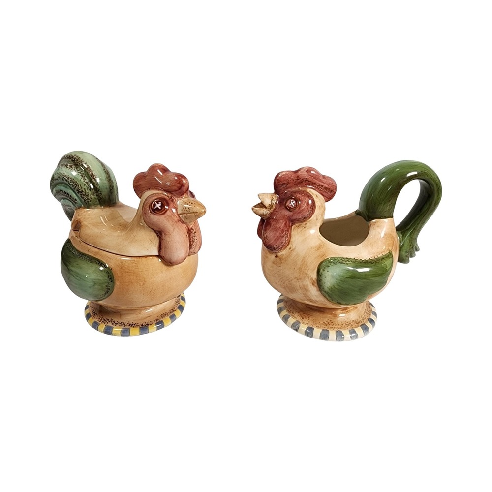 Gibson Patchwork Rooster Creamer and‎ Sugar Bowl Set Hand Painted Ceramic 5.5in